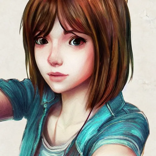 Prompt: a selfie of max caulfield, fantasy, intricate, young and cute, highly detailed, digital painting, artstation, concept art, smooth, sharp focus, illustration