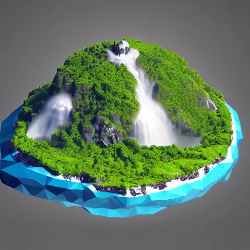 Prompt: low poly art of a round floating island of new york surrounded by waterfalls, in the sky, isometric art, 3d render, ray tracing, high detail, artstation, concept art, behance, smooth, sharp focus, ethereal lighting, unreal engine 5