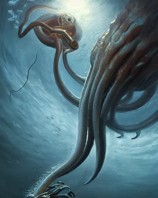 Image similar to a dream fantasy painting of a giant squid attack a diving man, by beksinki, giger, greg rutkowski, carne griffith trending on artstation, deviantart, photorealism