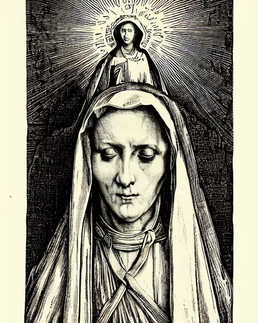 Image similar to an engraving portrait of mary mother of christ, by albrecht durer and virgil finlay, intricate details, fine inking lines, hd, 4 k, photorealistic