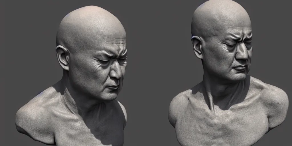 Prompt: hyperrealistic 3 d render of a bust of meditating monk in cyberpunk style, ultra realistic 8 k resolution.