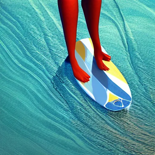 Image similar to Toes of a surfer hanging ten on the edge of a colorful striped surfboard with turquoise waves , cinematic, hyper realism, high detail, octane render, 8k“