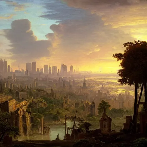 Image similar to vista of a city at sunset, the city is a sprawling renaissance city that is built on the rolling hills of a wide bay amidst cyclopean tombs and overgrown by the rainforest, rpg, hubert robert, cityscape, vista, dying earth, reclaimed ruins