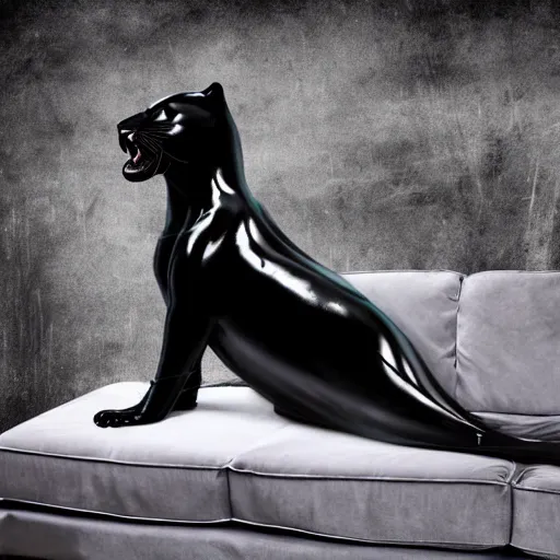 Prompt: a shiny black goo covered panther, panther made of black goo, goo panther, panther made of goo, latex shiny, laying on a tar, covered white couch in a living room, dripping and drooling black goo. digital art, photography