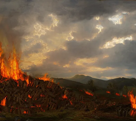 Image similar to landscape portrait of a an immense funeral pyre, with large green dollar bills in it, by william sidney mount, trending on artstation