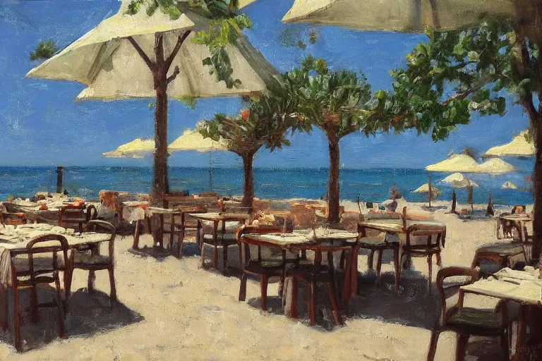 Prompt: italian restaurant on the beach, dappled light, scott christensen