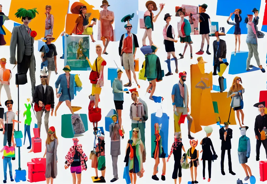 Image similar to a row of european tourists standing with a variety of poses and props, character designs, a collage painting, in the style of wes anderson, lola dupre, david hockney, isolated on negative white space background dark monochrome neon spraypaint accents volumetric octane render