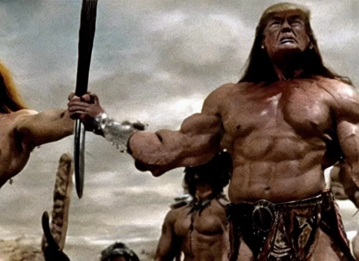 Prompt: still of muscular donald trump in conan the barbarian directed by frank frazetta, high resolution