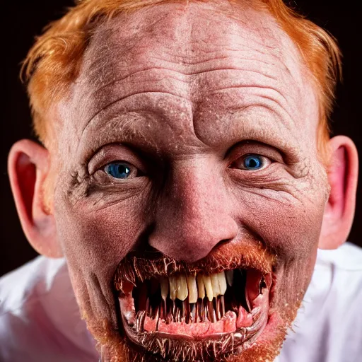 Image similar to photo of a 5 0 year old ginger men with rotten teeth, ugly appearance, dark room with a tv background, 8 5 mm, f / 1. 3