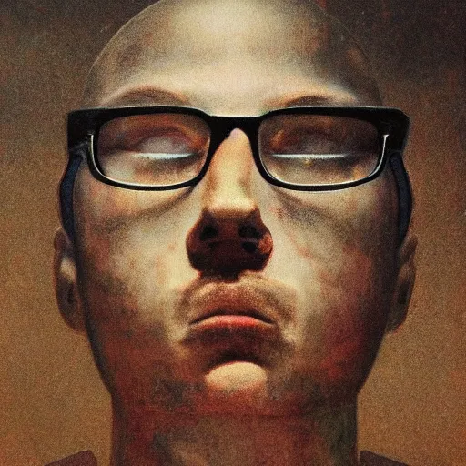 Prompt: beautiful portrait of anthony fantano, theneedledrop, standing in desolate empty brutalist ruins, close - up, painted by zdzislaw beksinski