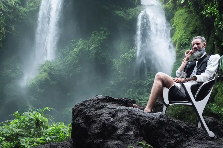 Image similar to movie closeup young man with a grey beard in a cyberpunk suit sitting on a futuristic chair at the edge of a jungle waterfall by emmanuel lubezki