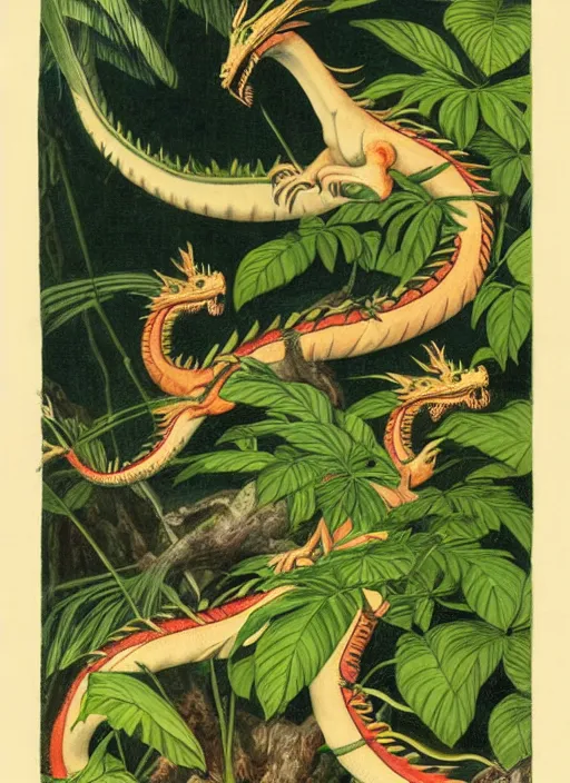 Image similar to dragons in a tropical forest, john james audubon, vintage botanical, intaglio