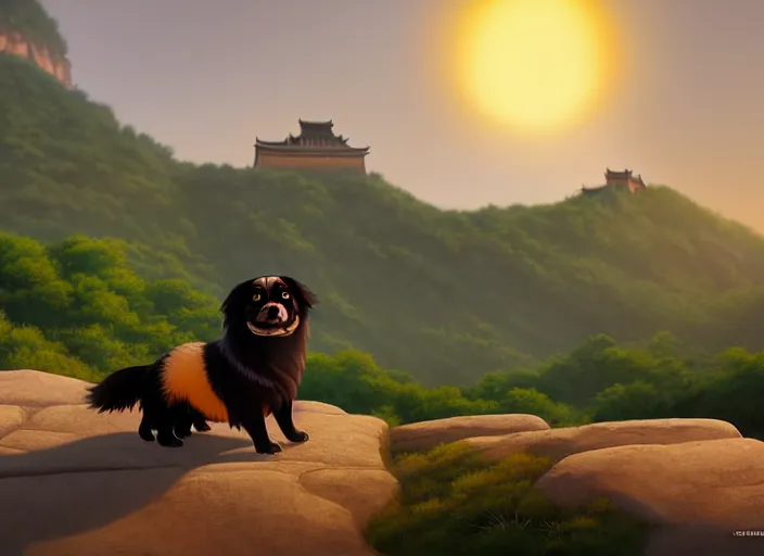 Image similar to a wholesome animation key shot of a black tibetan spaniel, great wall of china in the background, studio ghibli, pixar and disney animation, sharp, rendered in unreal engine 5, anime key art by greg rutkowski, bloom, dramatic lighting