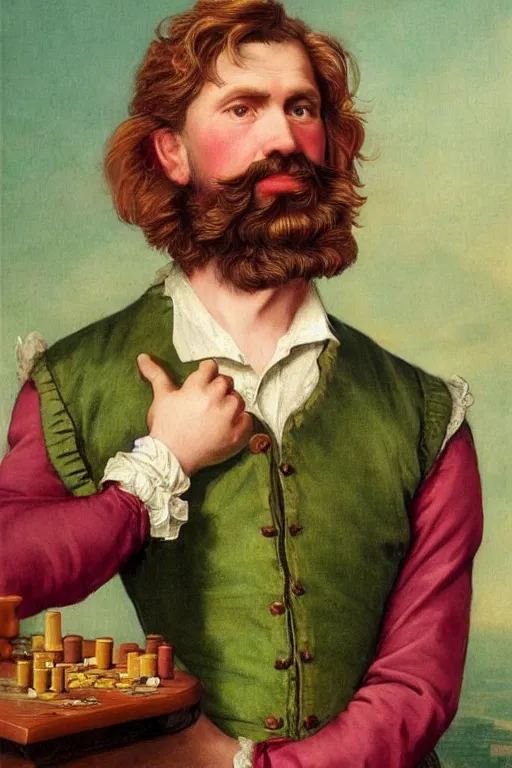 Prompt: intricate beautiful medium - shot, the card player man with short trimmed reddish beard ( ( ( no mustache ) ) ), blonde reddish hair, in green and pink clothes of 1 7 th century playing card game, matte painting, renaissance painting, by paul sezanne by leyendecker, by artgerm, rutkowskyi