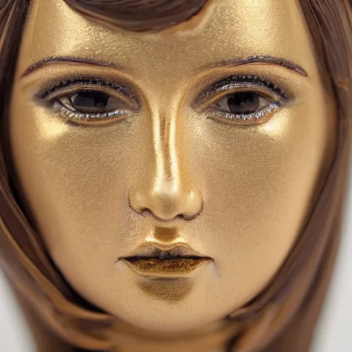 Prompt: portrait photograph of an incredibly realistic porcelain woman with symmetrical gold patterns. Macro details. 8k.