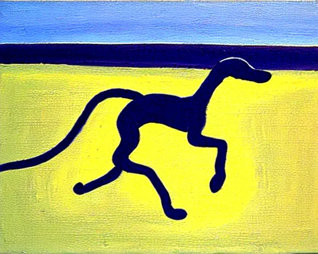 Image similar to close-up of a whippet running at beach, painting by david hockney, highly detailed