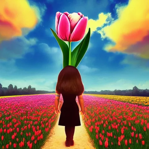 Image similar to large tulip face, girl frontal in a flower field, surreal photography, sunrise dramatic light, impressionist painting, colorful clouds, digital painting, artstation, simon stalenhag, flower face