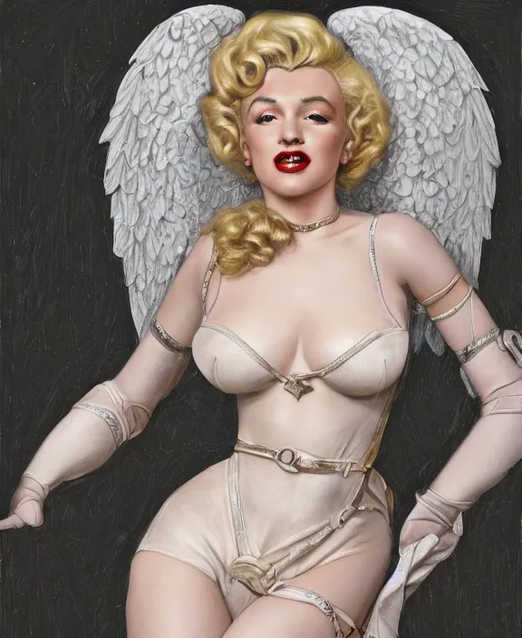 Prompt: a detailed hyperrealistic renaissance angel marilyn monroe wearing an a intricate beautiful thick leather garters set, honey birdette, realistic renaissance portrait, highly detailed, digital painting, artstation, concept art, smooth, sharp focus, cinematic lighting, art by artgerm and wlop and jules joseph lefebvre and john maler collier, ilya kuvshinov