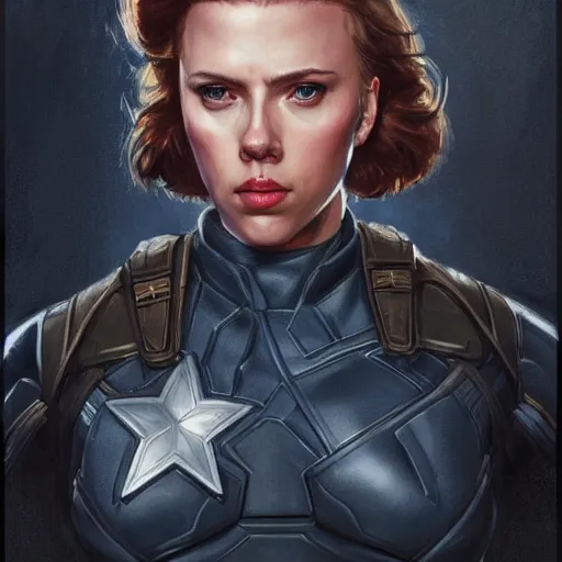 Image similar to captain america played by by scarlett johansson wearing heavy armour, face portrait, athletic strong body, hd shot, digital portrait, elegant, beautiful, fantasy art, artstation, comic style, by artgerm, guy denning, jakub rozalski, magali villeneuve and charlie bowater