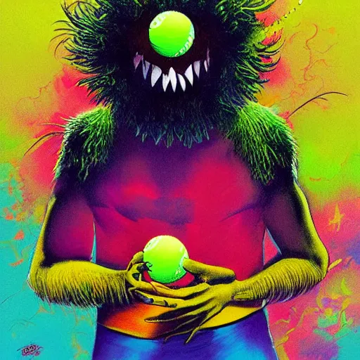 Prompt: a tennis ball monster ,tennis ball, colorful, digital art, fantasy, magic, trending on artstation, ultra detailed, professional illustration by Basil Gogos