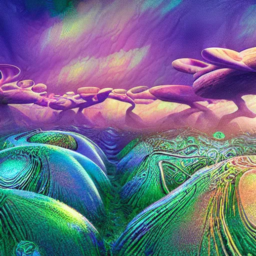 Prompt: bio-inspired design, alien nature, reaction-diffusion panoramic,octane render,michael whelan style,psychedelic clouds