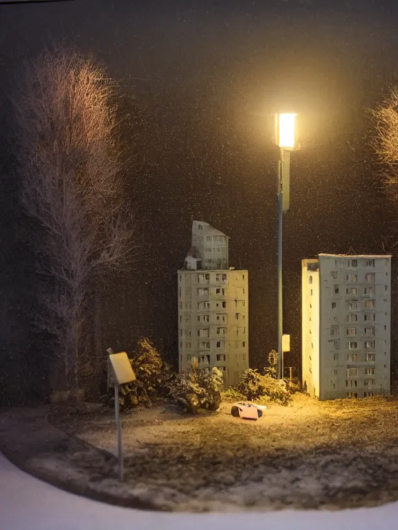 Prompt: small diorama a soviet residential building in soviet suburb, 9 0 s, lights are on in the windows, dark night, post - soviet yard, cozy and peaceful atmosphere, fog, cold winter, snowing, streetlamps with orange volumetric light, several birches nearby, two man fighting for bottle of vodka