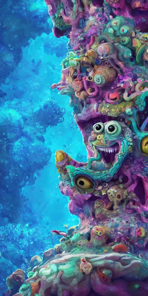 Image similar to of a colorful under water cave with strange cute friendly happy creatures with huge eyes, mouth, long tongue and round teeth appearing from sandy coral, in the style of gehry and gaudi, macro lens, shallow depth of field, ultra detailed, digital painting, trending artstation, concept art, illustration, cinematic lighting, photorealism, epic, octane render