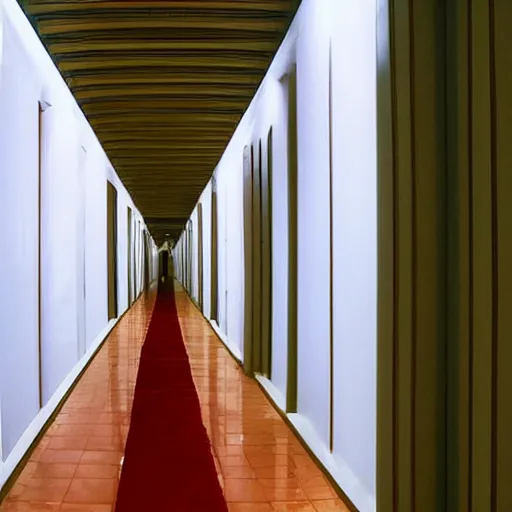 Prompt: very long hallway with some lights on, a tilt shift photo by ricardo bofill, trending on pinterest, modernism, art deco, high dynamic range, hall of mirrors