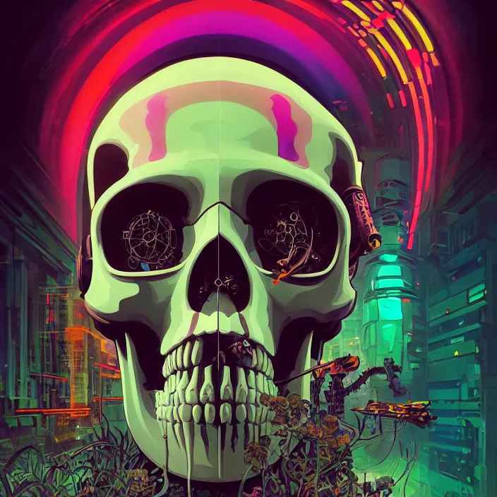 Prompt: a beautiful painting of a ( cyberpunk ) skull by simon stalenhag and pascal blanche and alphonse mucha and nekro and josan gonzalez. in style of digital art. colorful comic, film noirs, symmetry, brush stroke, vibrating colors, hyper detailed. octane render. trending on artstation