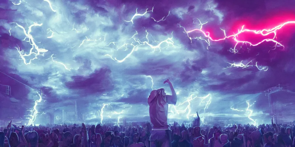 Image similar to Lightning storm while rapper performs on stage, digital art, vapor wave, hip hop, blade runner, trending on Artstation, professional artist, detailed, 4k