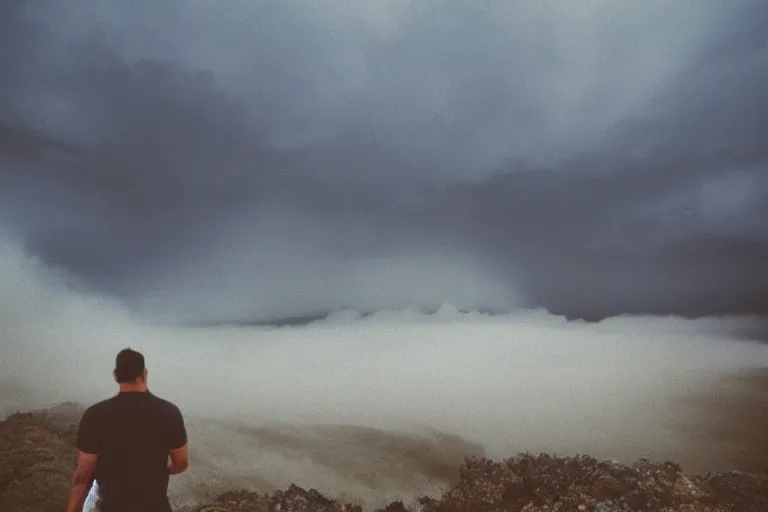 Image similar to gigachad on top of a tall mountain, blue fog, tornadoes surrounding, film photography, soft lighting, vignette