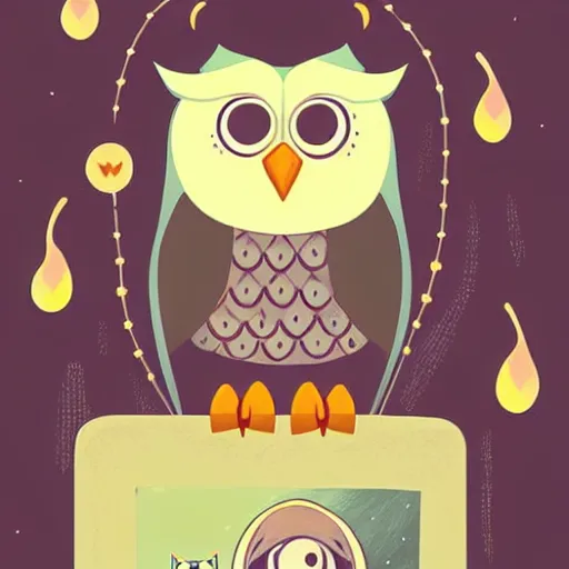 Image similar to a cute cartoon picture of an adorable owl of athena!! next to a a jar of fireflies! in the woods, a storybook illustration by arabella rankin and nyuju stumpy brown, behance contest winner, featured on pixiv, context art, storybook illustration, pop surrealism, nightscape, digital illustration