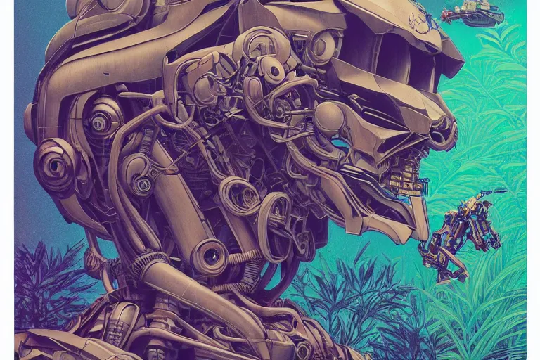 Image similar to gigantic mecha head, a lot of exotic vegetation, trees, flowers by moebius, dull colors, junji ito, tristan eaton, victo ngai, artgerm, rhads, ross draws, hyperrealism, intricate detailed, risograph