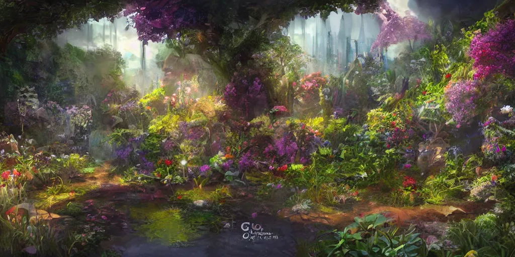 Image similar to garden of time and space, trending on artstation, dreamy