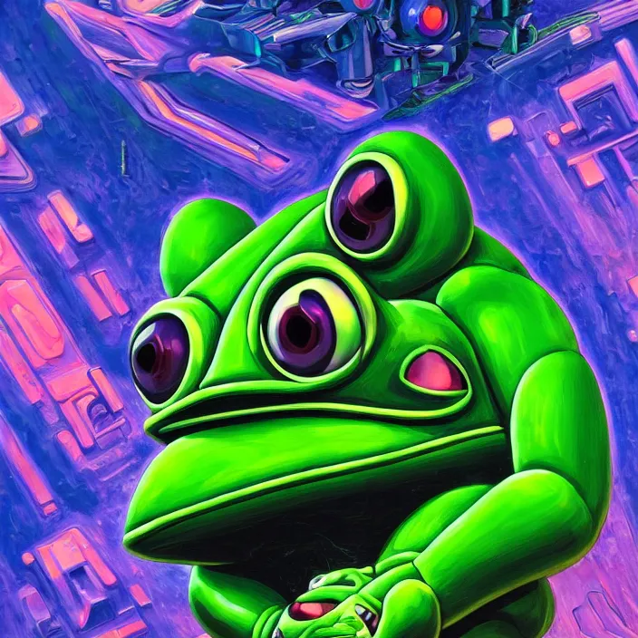 Image similar to symmetry!! portrait of pepe the frog, plug suit rei ayanami plug suit radially symmetric alien megastructure turbulent bismuth glitchart atmospheric cinematic environmental architectural design john berkey potrait sculpture of gigantic head surround