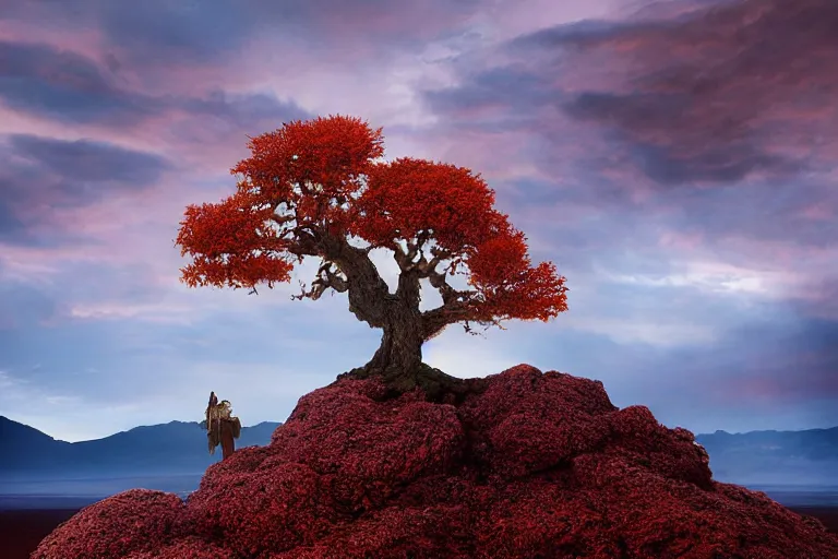 Image similar to a fantasy landscape by rocha, andreas, red autumn maple bonsai in a barren death valley landscape, cloudy sunset, by brian froud and jessica rossier and hr giger