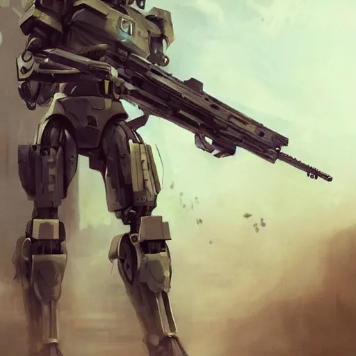 Prompt: full body shot of a mech soldier holstering his rifle, Art Station, concept art, cinematic, 8k, Pinterest, cgsociety, hyper detailed, ultra realistic, illustration, epic, high resolution, post processing, high quality, sci fi, robot, sharp, futuristic, military, Deviant Art, Trending on Artstation, art by Yi Yang artstation + StTheo + Alan Van Ryzin,