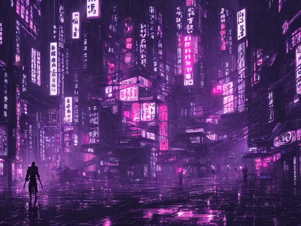 Image similar to high detailed lone dead samurai in a cyberpunk rainy city at night by Kentaro Miura, purple and pink and blue neons, unreal engine, high quality, 4K, UHD, trending on ArtStation, wires, blade runner vibes, ghost in the shell, akira, dorohedoro