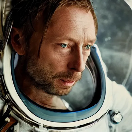 Prompt: thom yorke singer songwriter in a spacesuit filling up with water, dark background, glass - reflecting - stars, space - station light reflections, ultrafine detail, hyper realistic face, beautiful blue - eyes, associated press photo, eyes reflecting into eyes reflecting into infinity, eyes reflecting into eyes reflecting into infinity