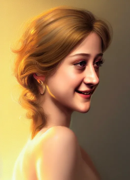 Image similar to portrait of lili reinhart with fluffy bangs, smiling kindly, bangs, 1 9 6 0 s, ponytail, curly bangs and ponytail, intricate, elegant, glowing lights, highly detailed, digital painting, artstation, concept art, smooth, sharp focus, illustration, art by wlop, mars ravelo and greg rutkowski