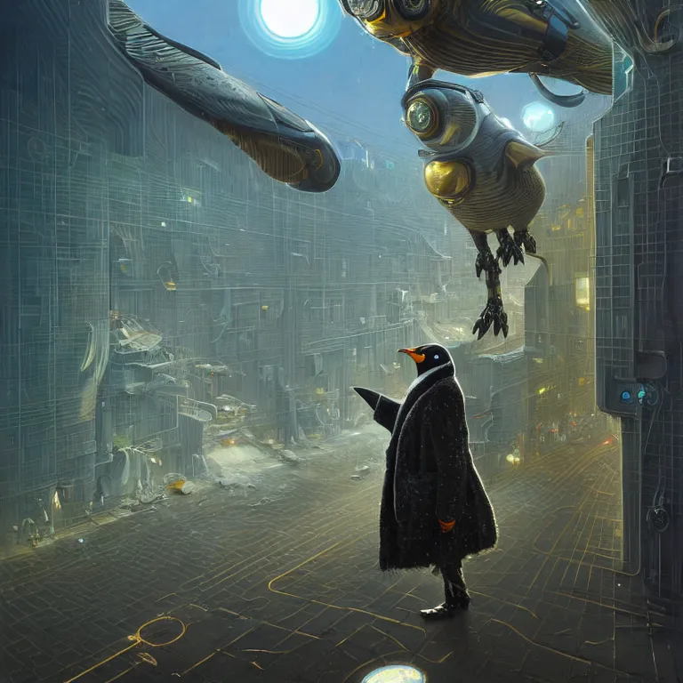 Image similar to A solarpunk very highly detailed Anthropomorphic cybertronic penguin wearing sport suit with very highly detailed face on the street of a very highly detailed solarpunk city digital surrealism art by Greg Rutkowski and Josan Gonzalez, highly detailed, digital concept art, Volumetric natural light, sharp focus, Golden Ratio illustration, realistic concept art by Stephen Hickman and James Gurney and Hiromasa Ogura Ghost in the Shell rendered in VRAY, From the distance