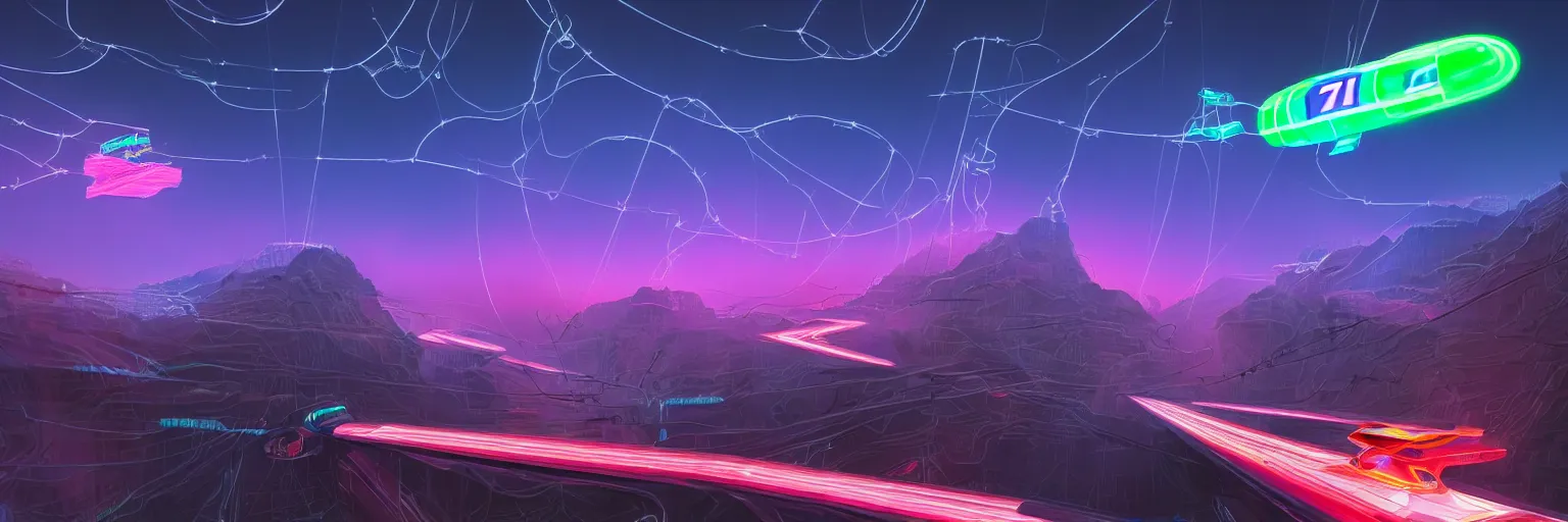 Prompt: f - zero, ships, tron in the mountain with neon light futuristic hyper realistic cinematic view of floating castle hanging by chains in the air, in between a gorge, below only cloud dark void, structured by chains and cables on base, soap bubble, contrast, metallic, 8 k resolution