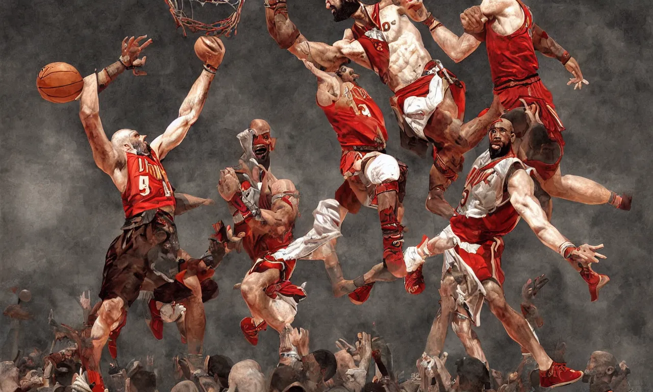 Image similar to a detailed digital painting rendition of kratos as lebron james throwing basketballs, art by norman rockwell