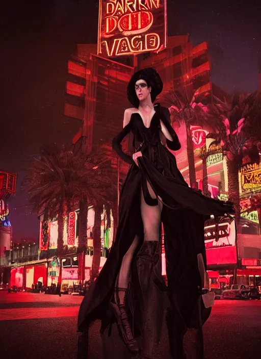 Image similar to 35mm kodak portra portrait of a darkwave vampire on the Las Vegas strip at night by tom bagshaw, cinematic, high detail, octane render, 8k highly professionally detailed, trending on artstation, CGsociety, HDR, concept art