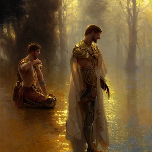 Image similar to attractive fully clothed king confesses his love for his attractive fully clothed male prince. highly detailed painting by gaston bussiere, craig mullins, tom bagshaw,