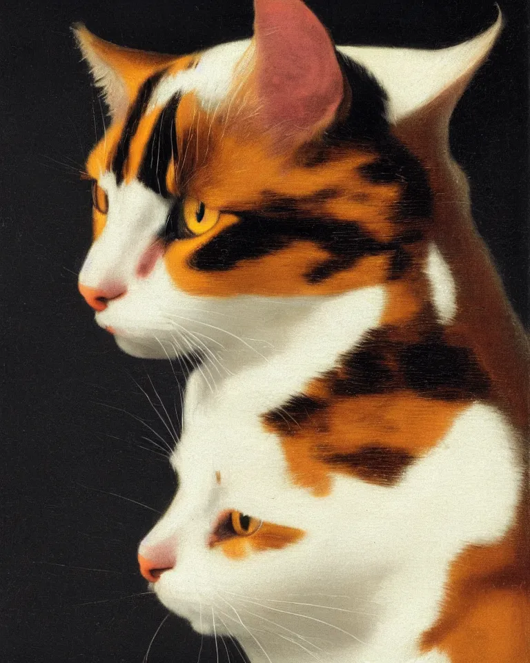 Image similar to close up portrait of a calico cat by vermeer. black background, three - point lighting, enchanting.