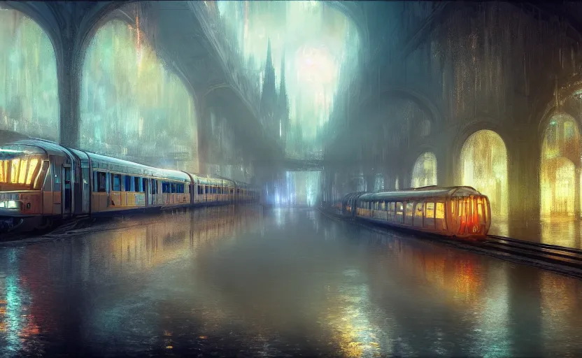 Image similar to an urban train rides inside of a waterway on a fantasy city. by artstation trending, by joseph mallord william turner, luis royo, konstantin razumov, cinematic lighting, fractal flame, highly detailed