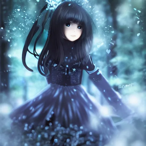 Prompt: focus face portrait of beautiful darkness knight 3D anime girl as a kignt, dark forest background, snowing, bokeh, inspired by Masami Kurumada, digital painting, high contrast, unreal engine render, volumetric lighting, high détail