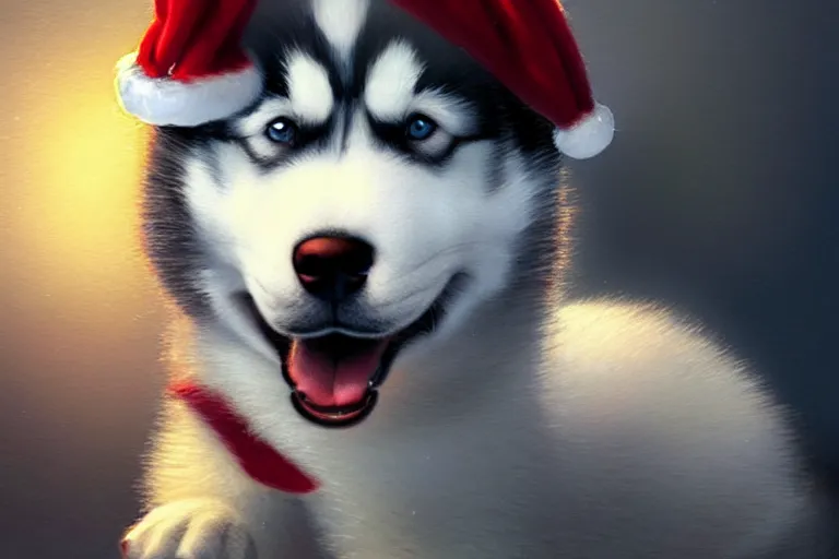 Image similar to cute husky puppy wearing a christmas hat, hyper detailed, digital art, artstation, cinematic lighting, studio quality, smooth render, by caravaggio, artgerm, greg rutkowski, craig mullins