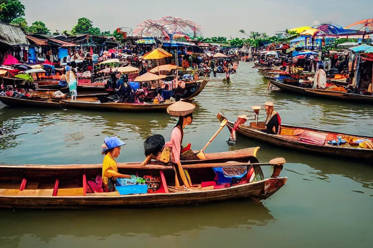 Prompt: At the buzzing floating market in Thailand, Artgerm